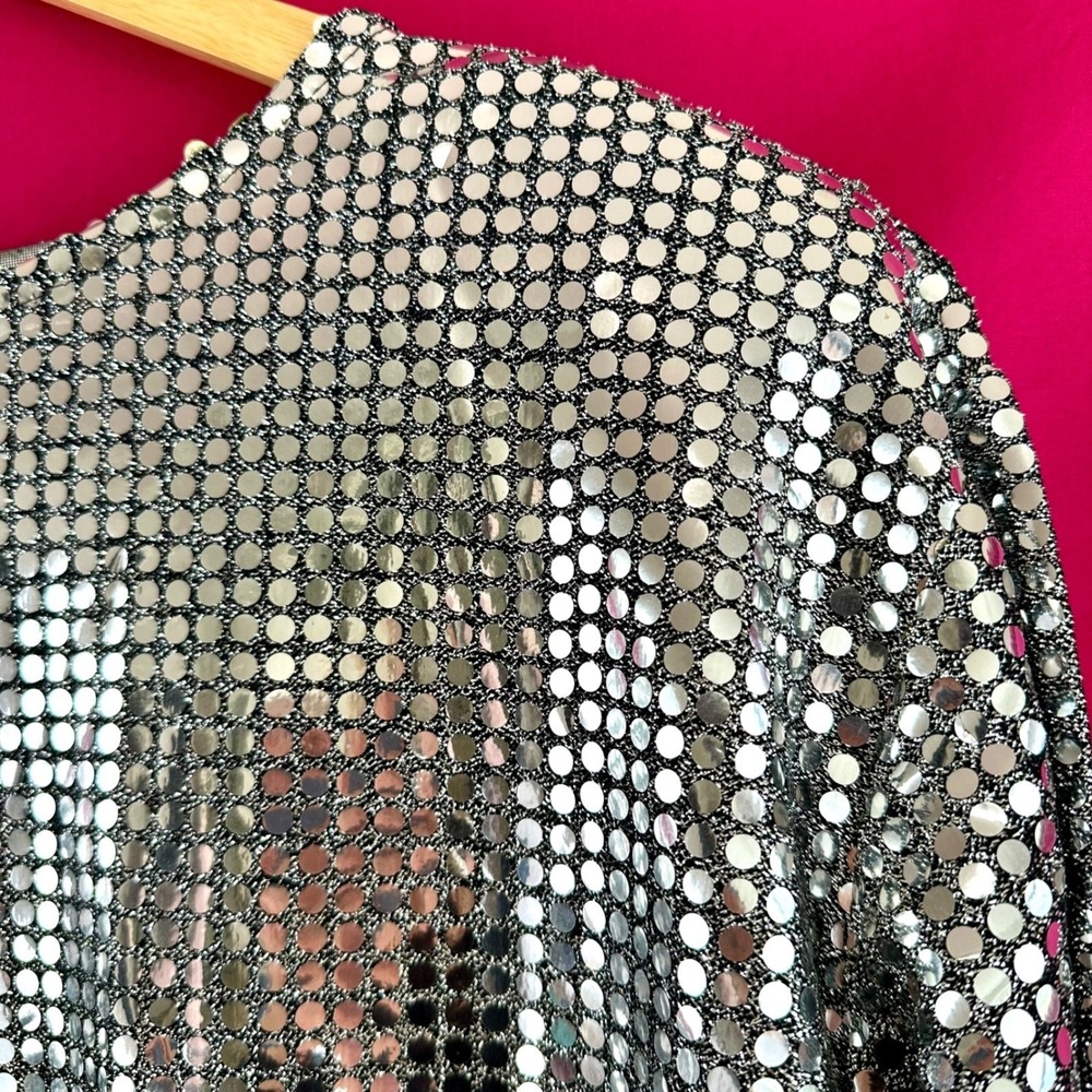 Vintage Silver Metallic Liquid Metal Top Tunic Medium 1980s Disco Party Glam - Picture 9 of 17